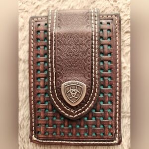 Ariat Brown Leather Magnetic Money Clip Wallet. Basket Weave with Teal Accents